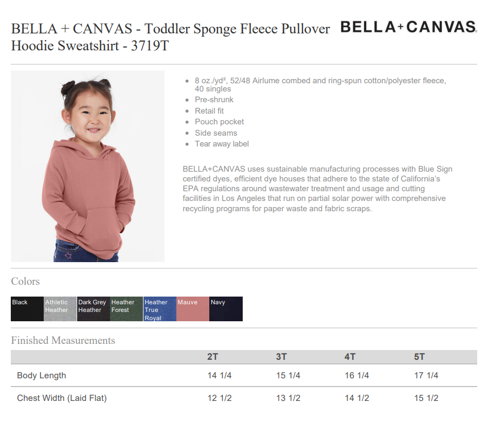 Bella + Canvas - Toddler Sponge Fleece Pullover Hoodie Sweatshirt