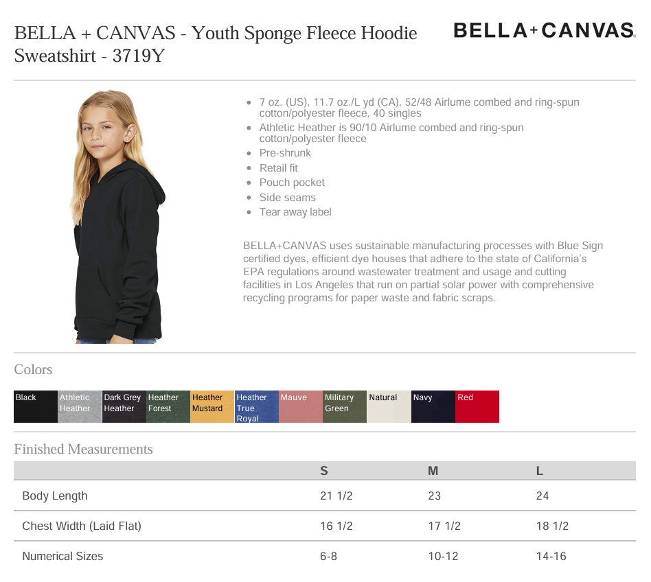 Bella + Canvas - Youth Sponge Fleece Hoodie Sweatshirt