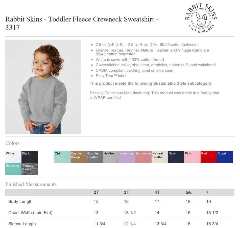 Rabbit Skins - Toddler Fleece Crewneck Sweatshirt