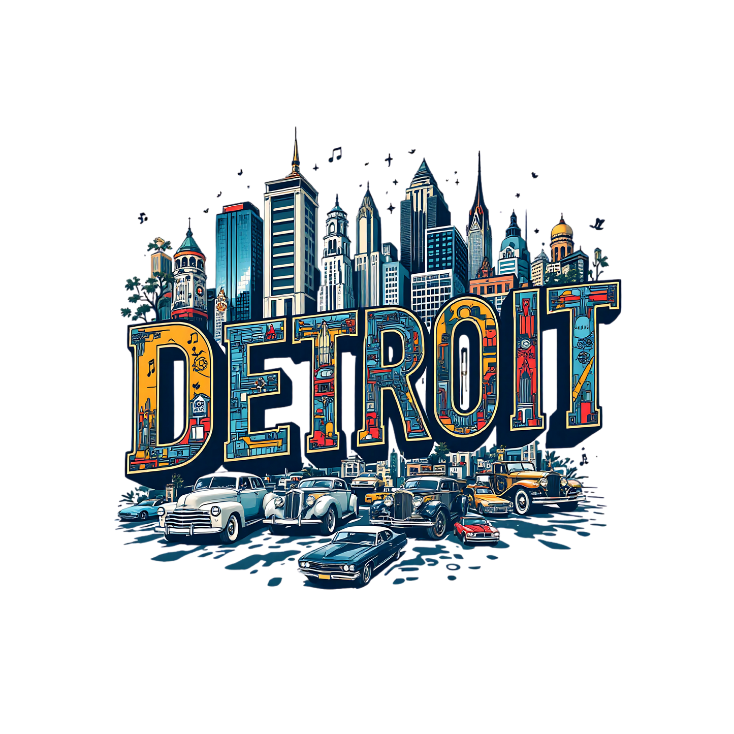 Colorful Detroit Cityscape with Classic Cars Design DTF Transfer