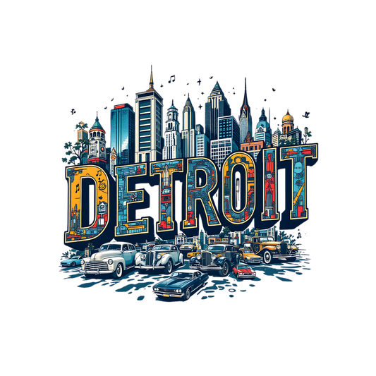 Colorful Detroit Cityscape with Classic Cars Design DTF Transfer