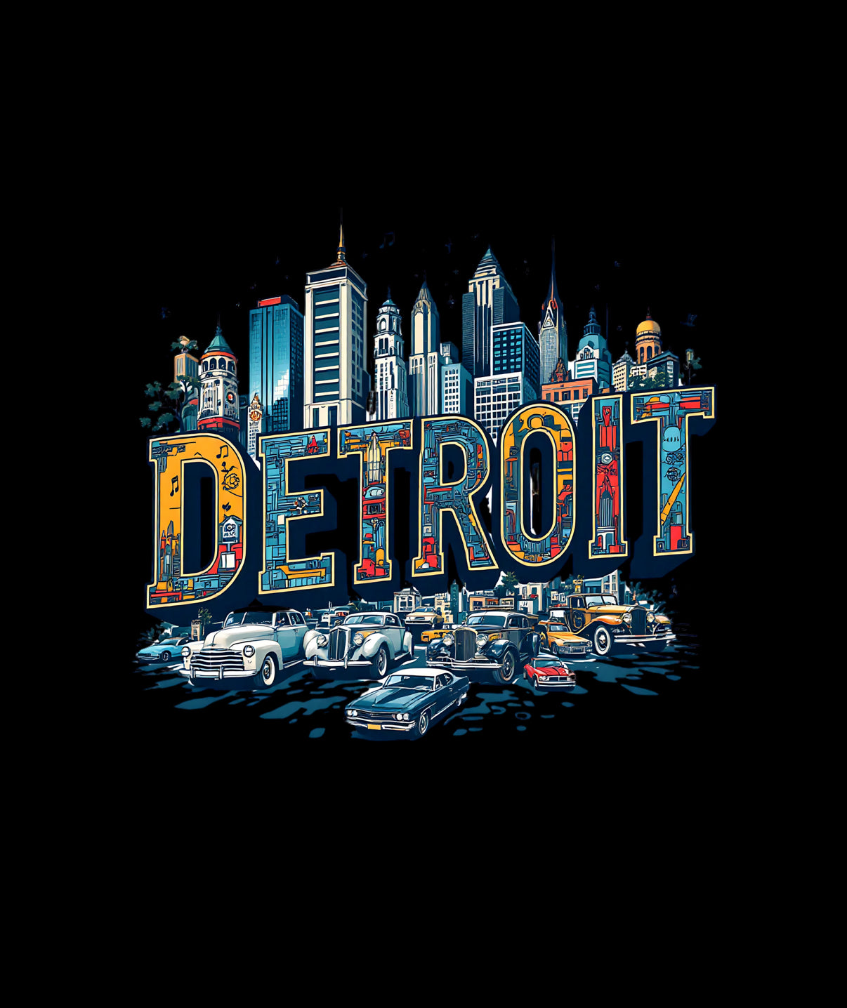 Colorful Detroit Cityscape with Classic Cars Design DTF Transfer